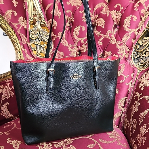 Coach Handbags - Coach Mollie Black Leather Tote with Red Interior